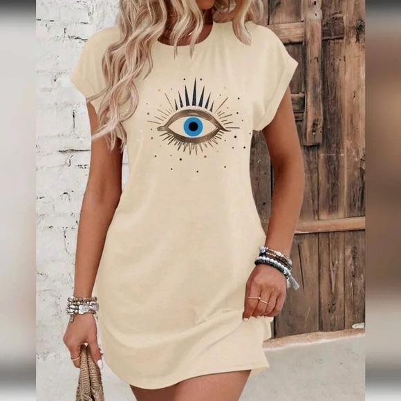 Women's Summer Eye Print Round Neck Bat Sleeve Casual Dress - Picture 1 of 5